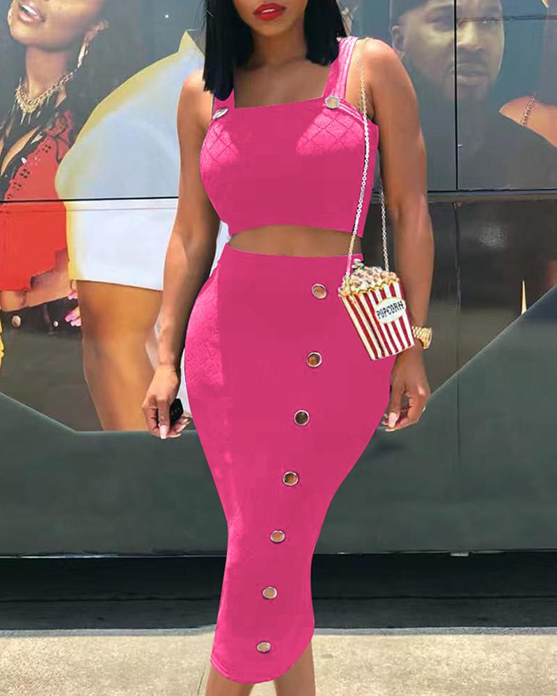 

Button Design Thin Strap Crop Top & Skirt Sets, Pink