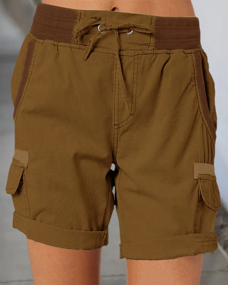 

Pocket Detail Roll Hem Drawstring Shorts, Brown