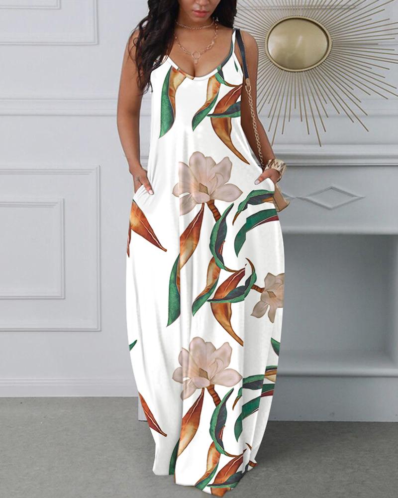 

Plants Print Spaghetti Strap Maxi Dress, White
