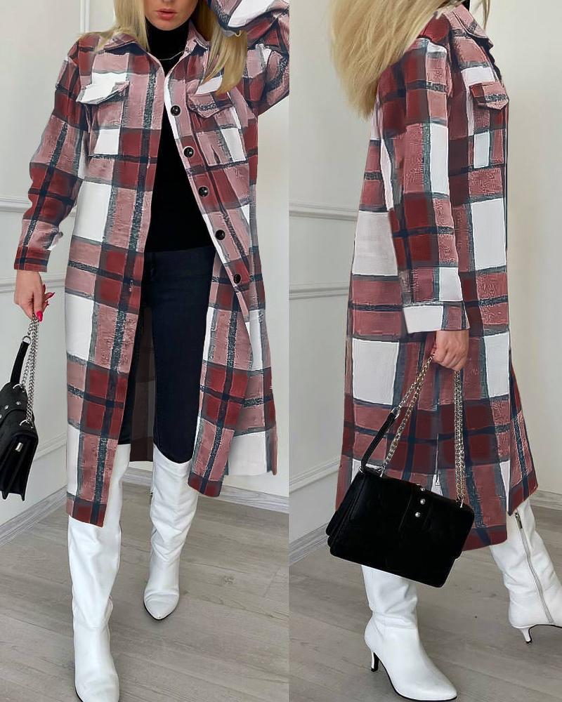 

Plaid Print Buttoned Longline Shacket, Red