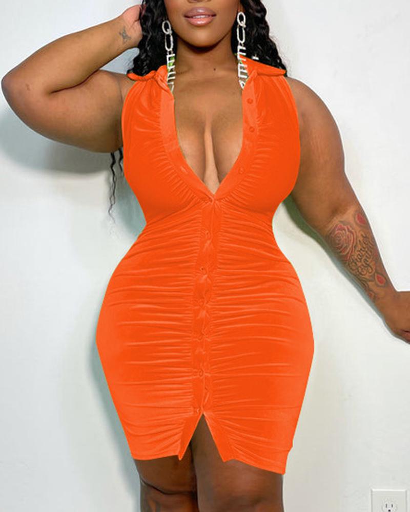 

Plus Size Sleeveless Button Front Ruched Bodycon Dress, Orange