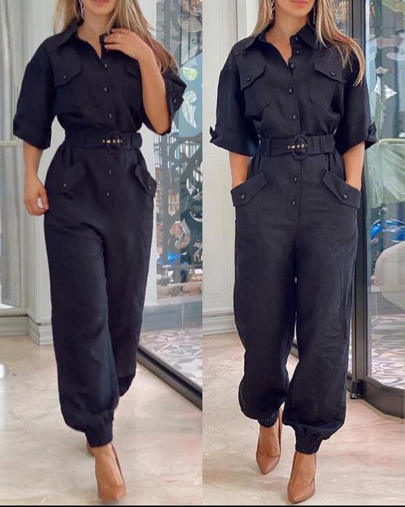 

Button Front Roll Up Sleeve Belted Jumpsuit, Black