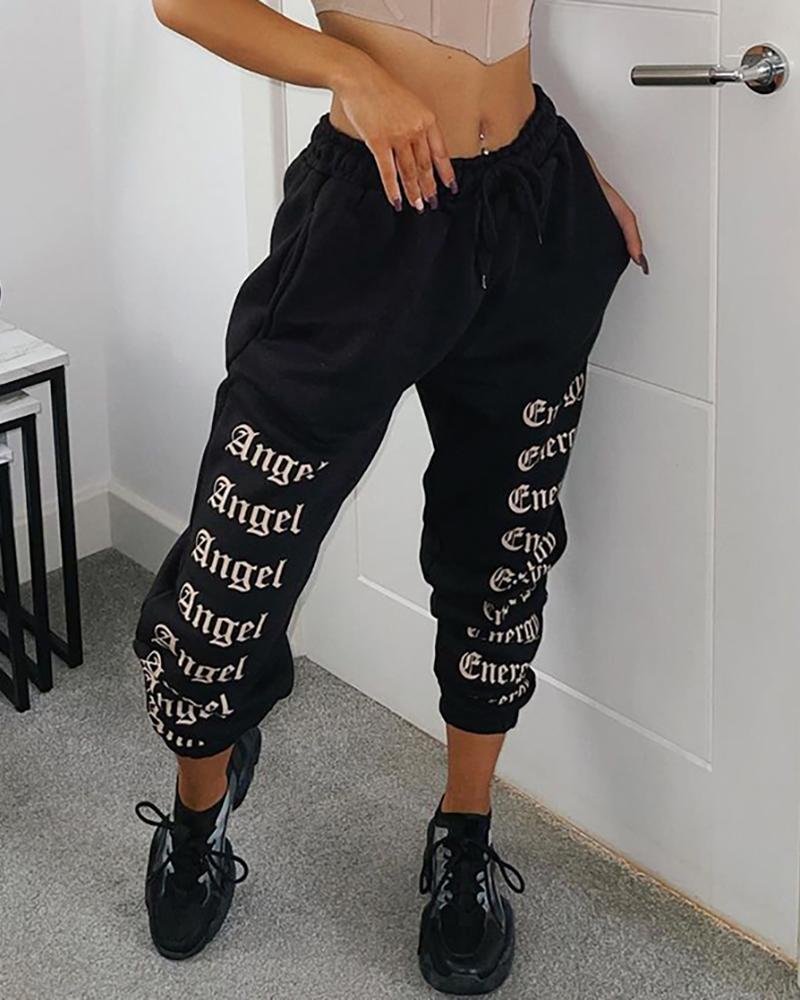 

Letter Print Pocket Design Drawstring Pants, Black