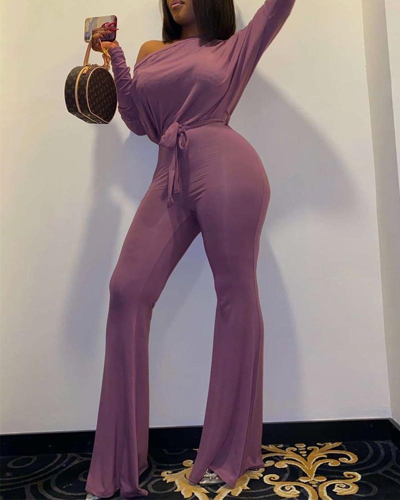 

Tied Detail Long Sleeve Bootcut Jumpsuit, Purple