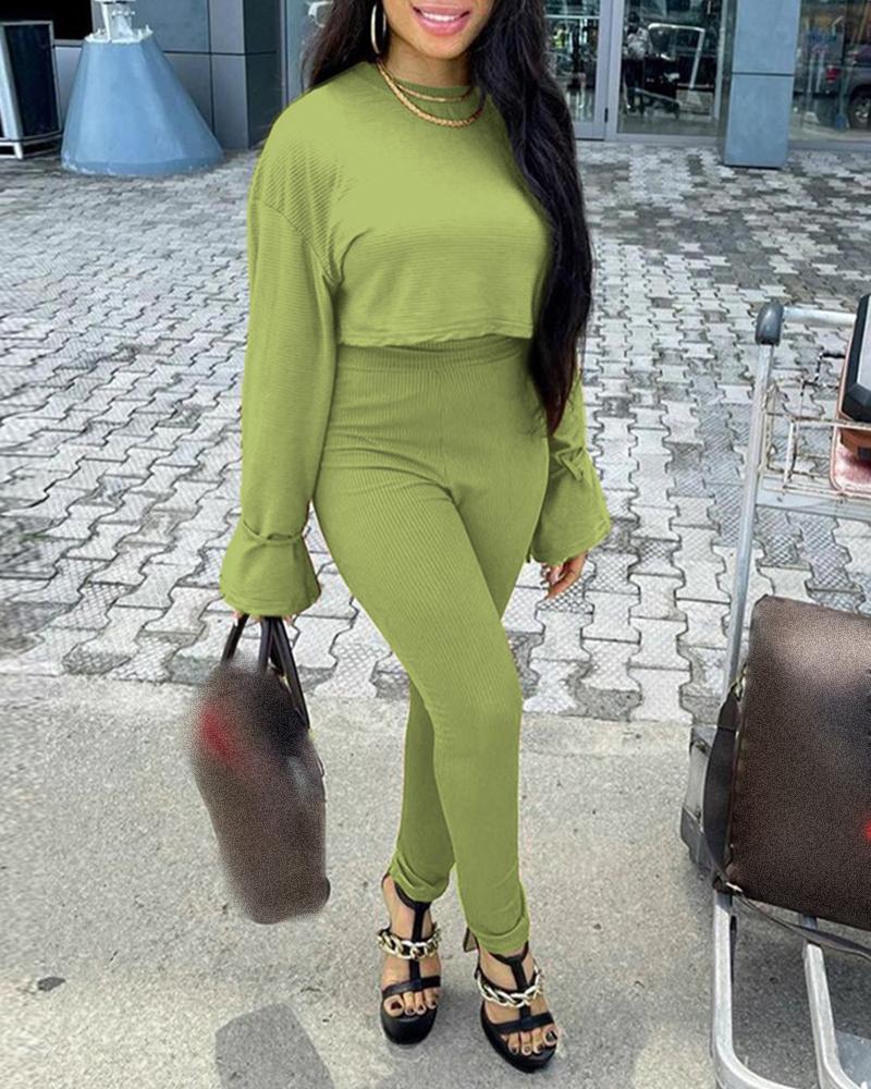 

Ribbed Bell Sleeve Crop Top & High Waist Pants Set, Green