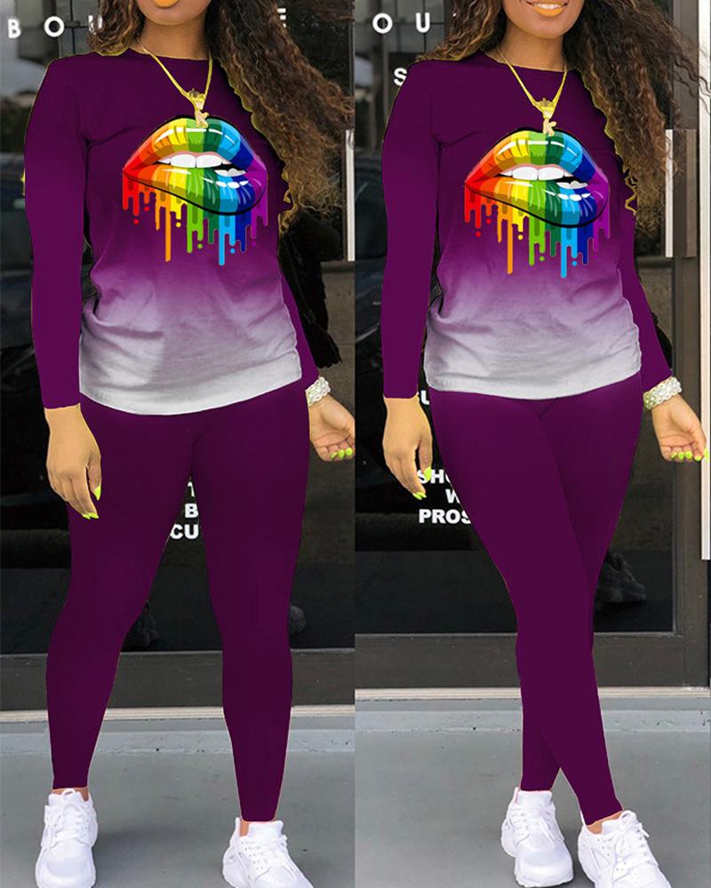 

Plus Size Lip Print Ombre Long Sleeve Top & Pants Set, Purple