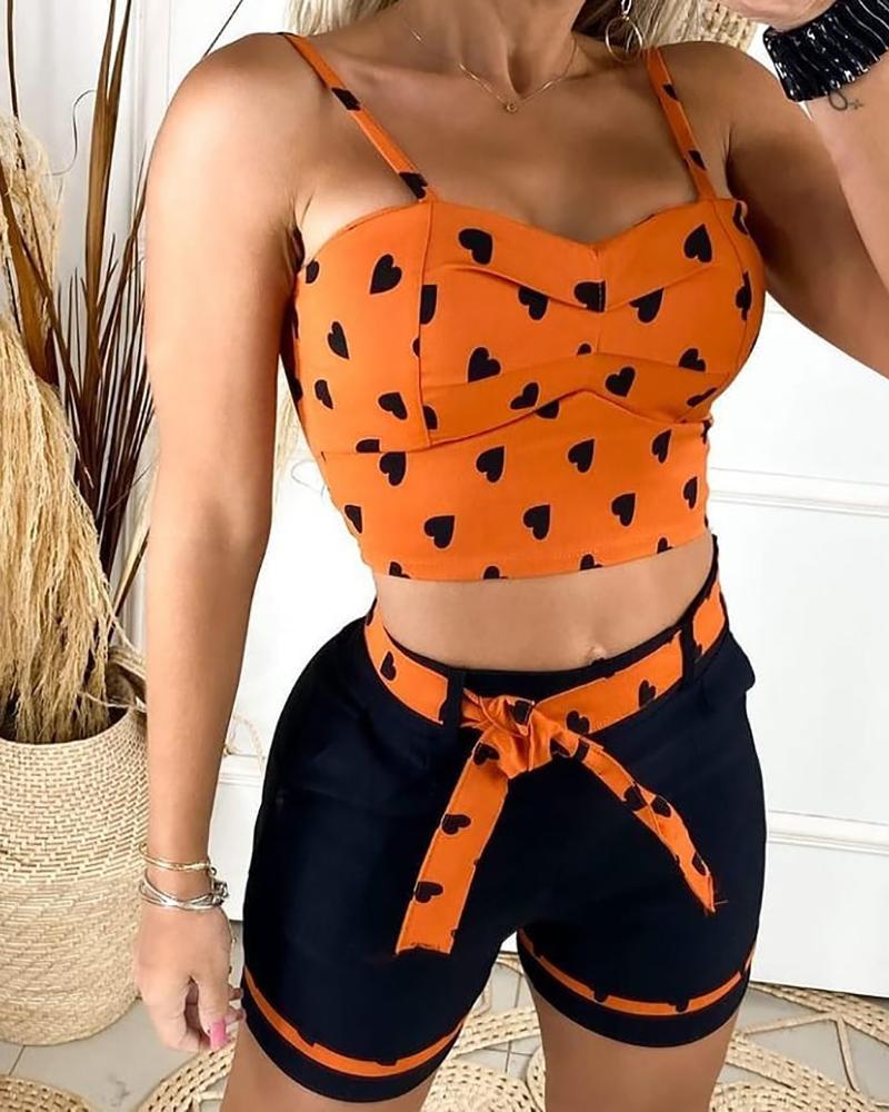 

Heart Print Colorblock Spaghetti Strap Top & Shorts Set, Orange