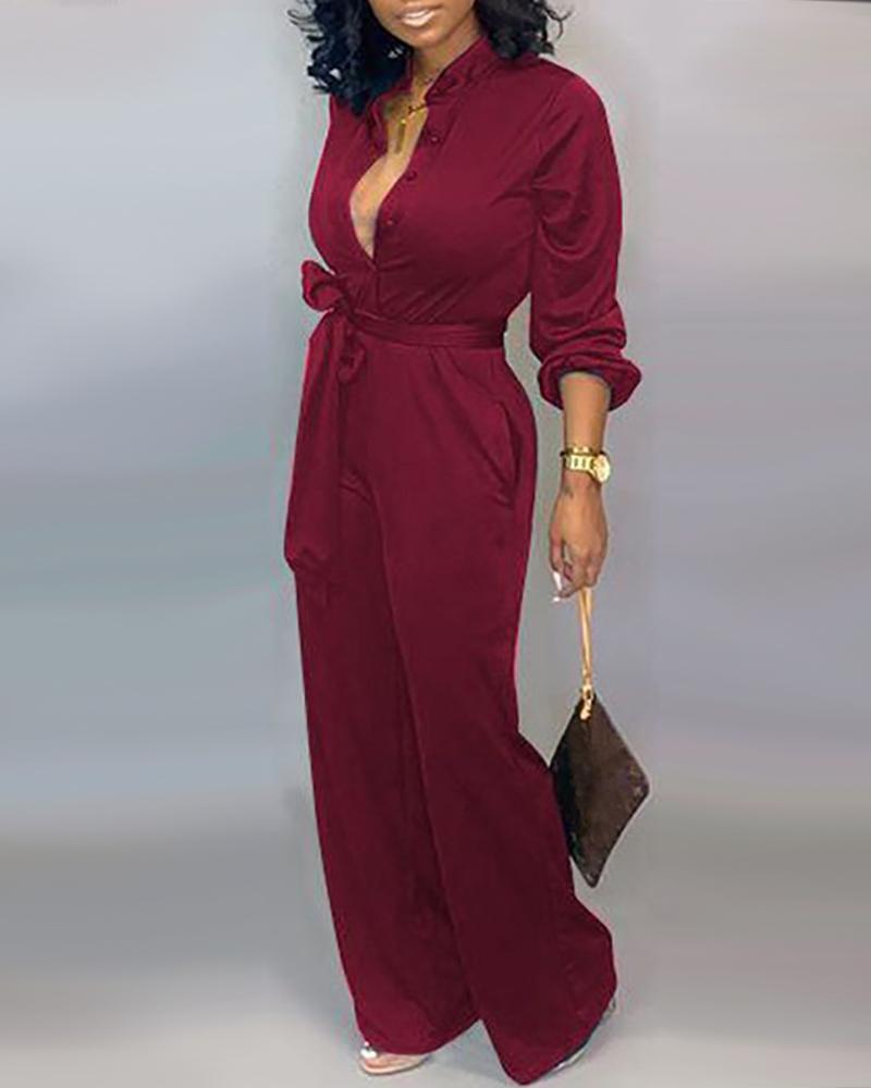 

Buttoned Pocket Design Casual Jumpsuit, Wine red