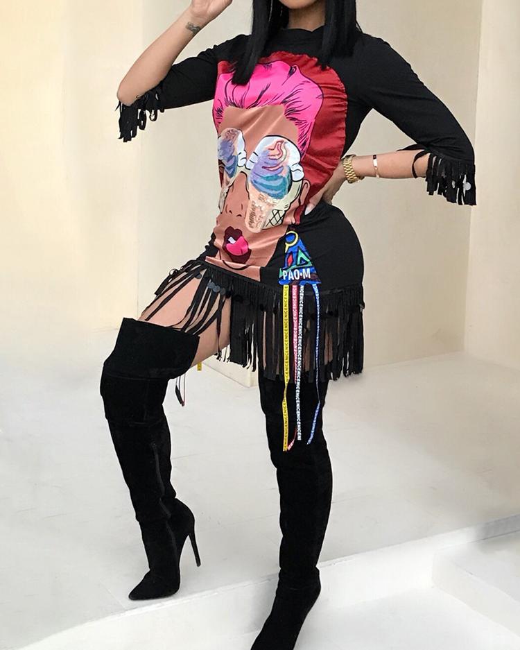 

Fashion Printed Tassel Trim T-shirt Dress, Black