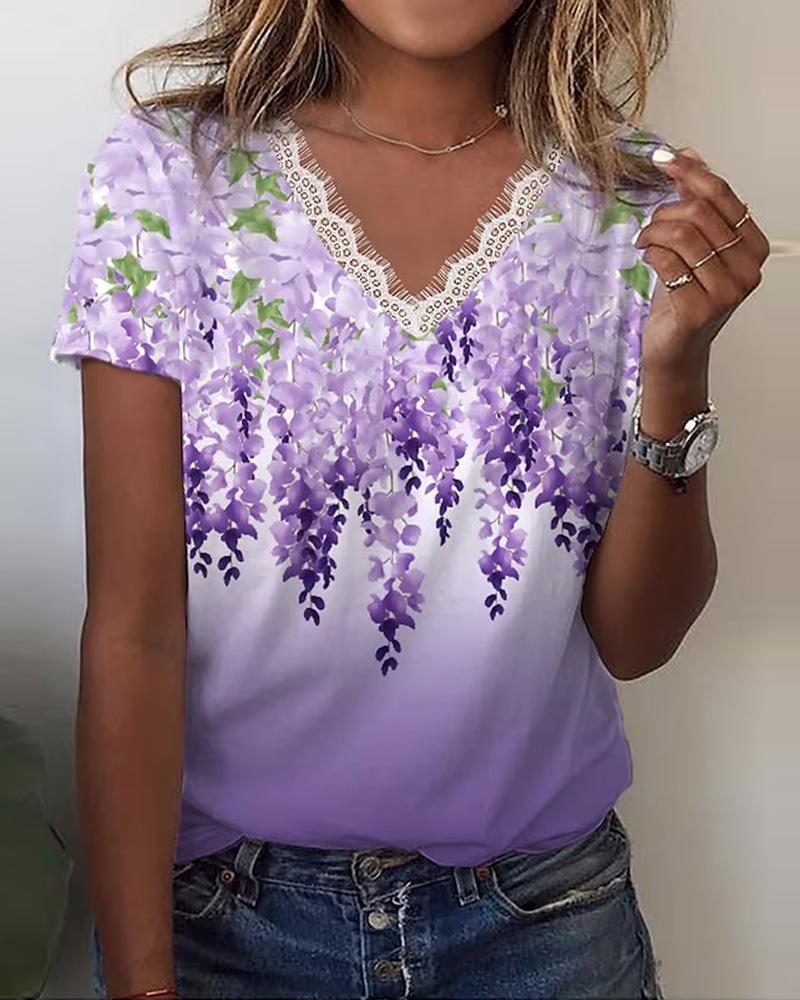 

Plants Print Lace Trim Casual T-shirt, Purple