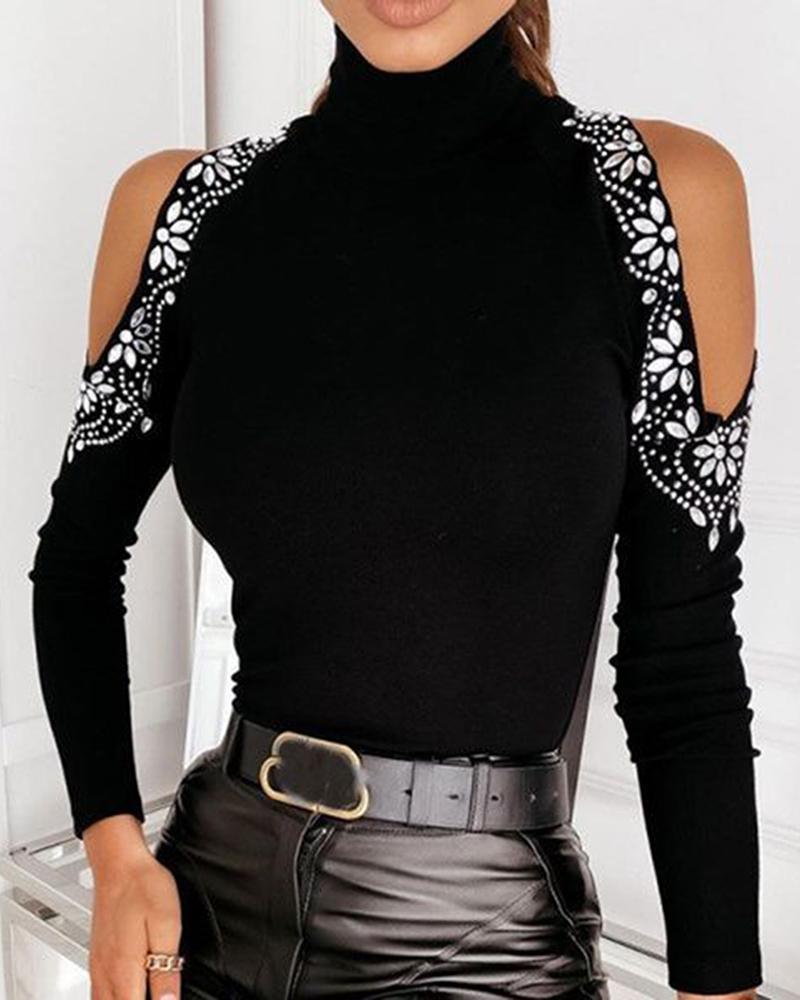 

Rhinestone Decor Cold Shoulder Skinny Top, Black