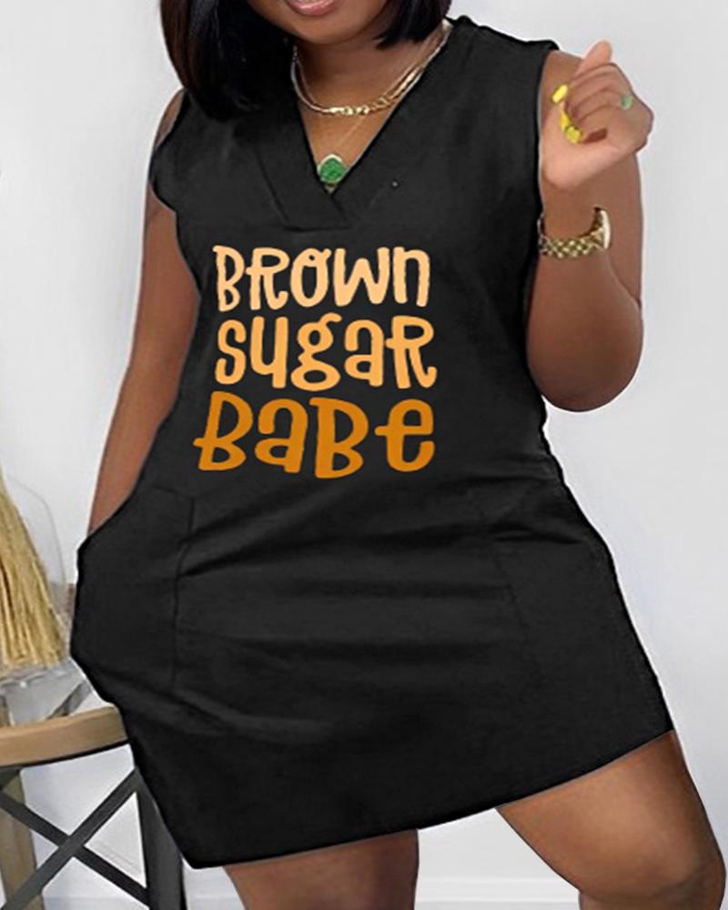 

Plus Size Letter Print Pocket Design Sleeveless Casual Dress, Black