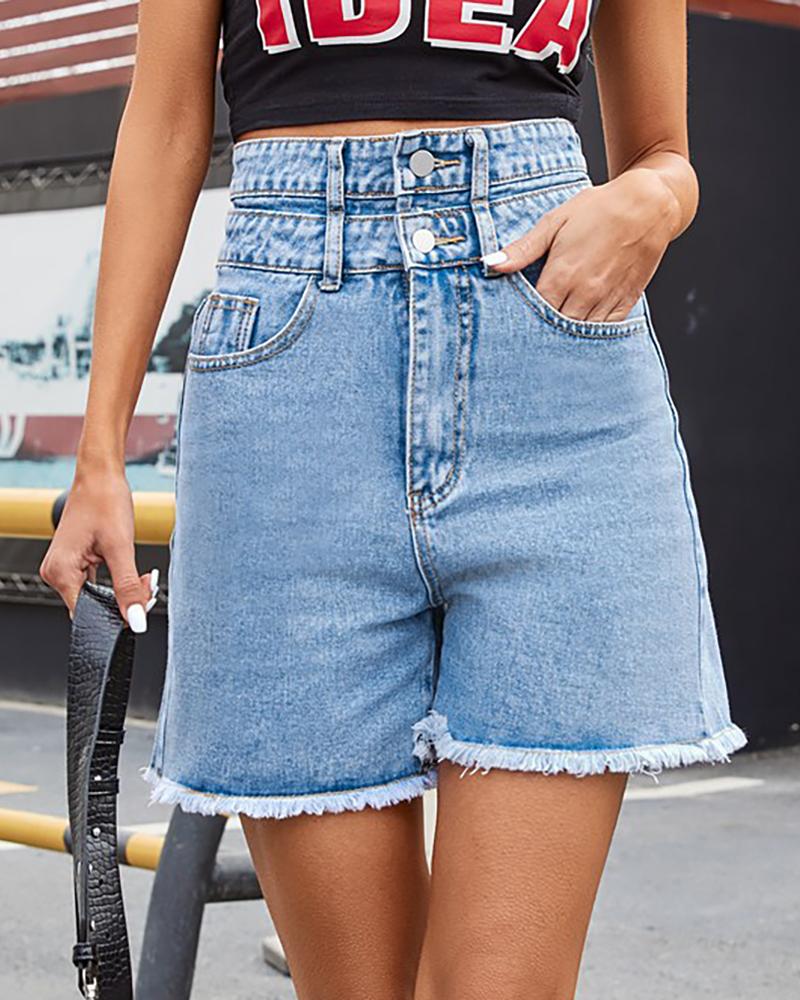 

Fringe Hem High Waisted Button Design Denim Shorts, Blue