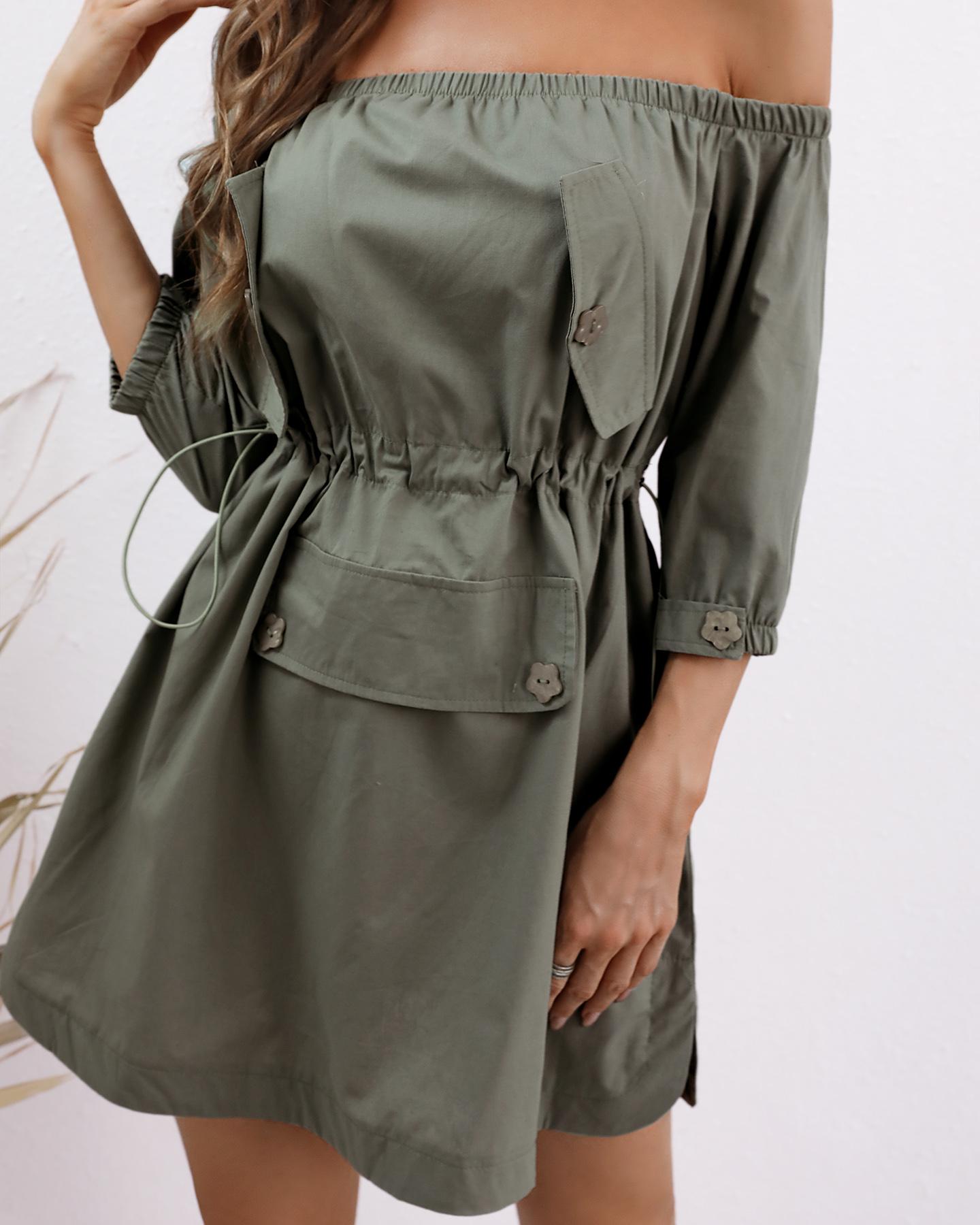 

Drawstring Ruched Off Shoulder Dress, Army green