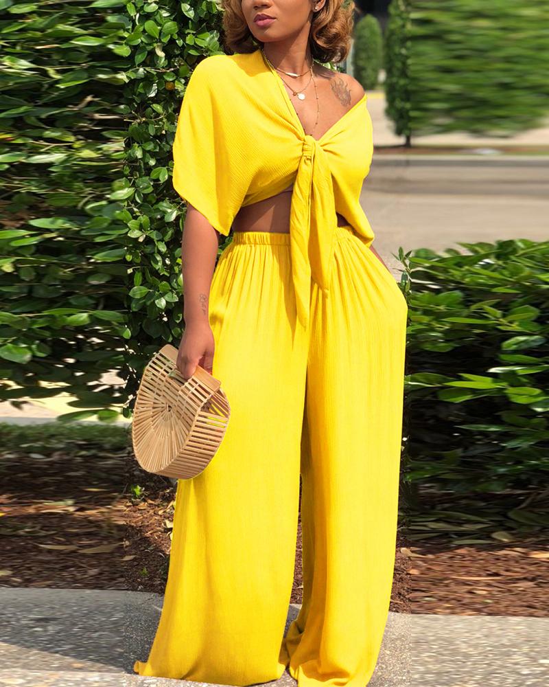 

Solid Color Tie Front Crop Top & Wide Leg Pants Set, Yellow