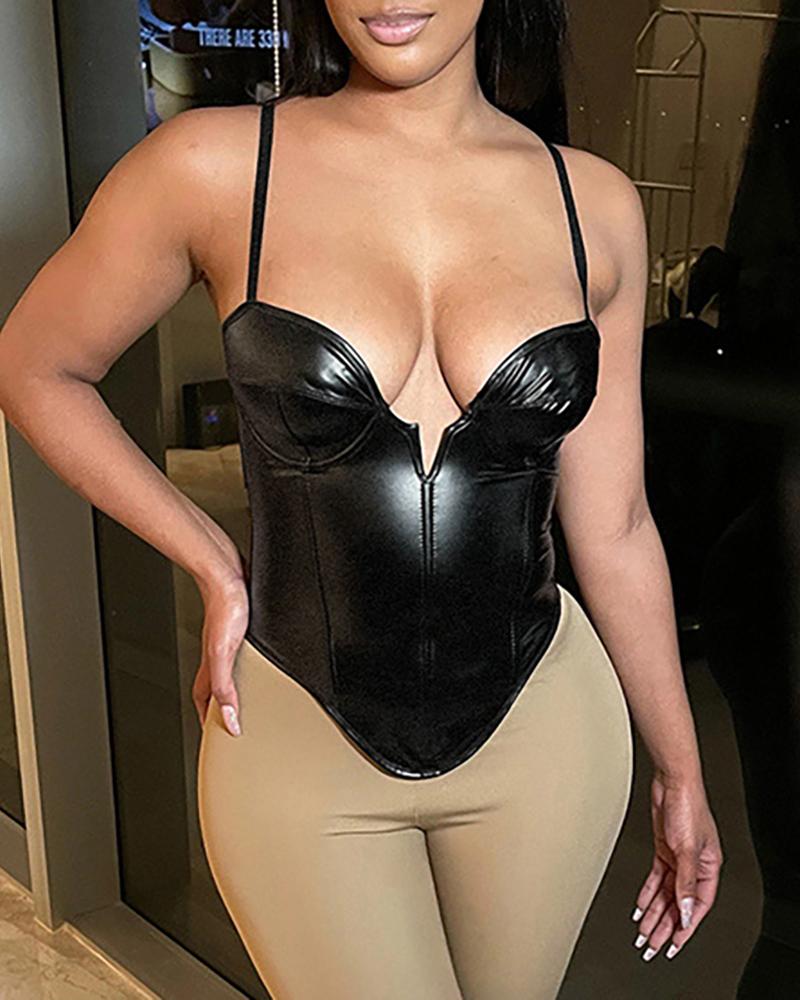 

Plunge Spaghetti Strap PU Leather Bodysuit, Black