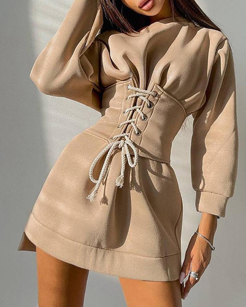 

Long Sleeve Sweatshirt Dress With Eyelet Lace-up Corset, Khaki