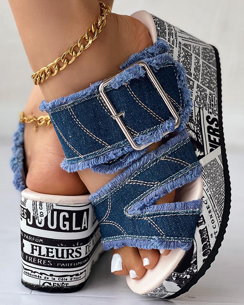 

Newspaper Buckled Denim Wedge Slippers, Blue