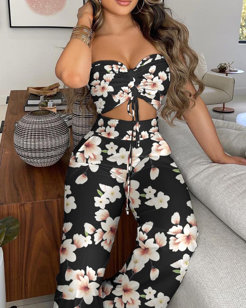 

Floral Print Bandeau Crop Top & Pants Sets, Black