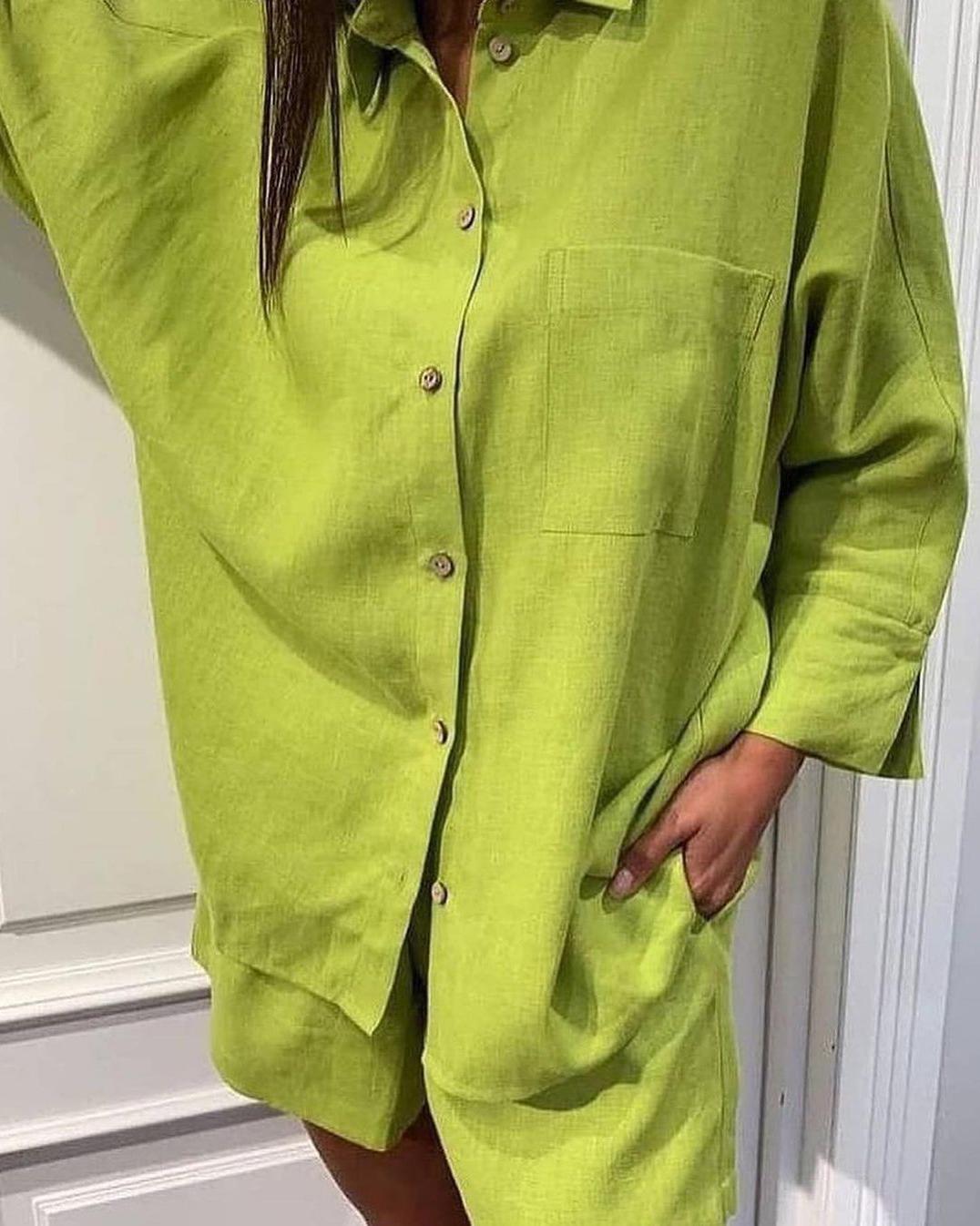 

Button Design Casual Shirt & Shirred Shorts Set, Green