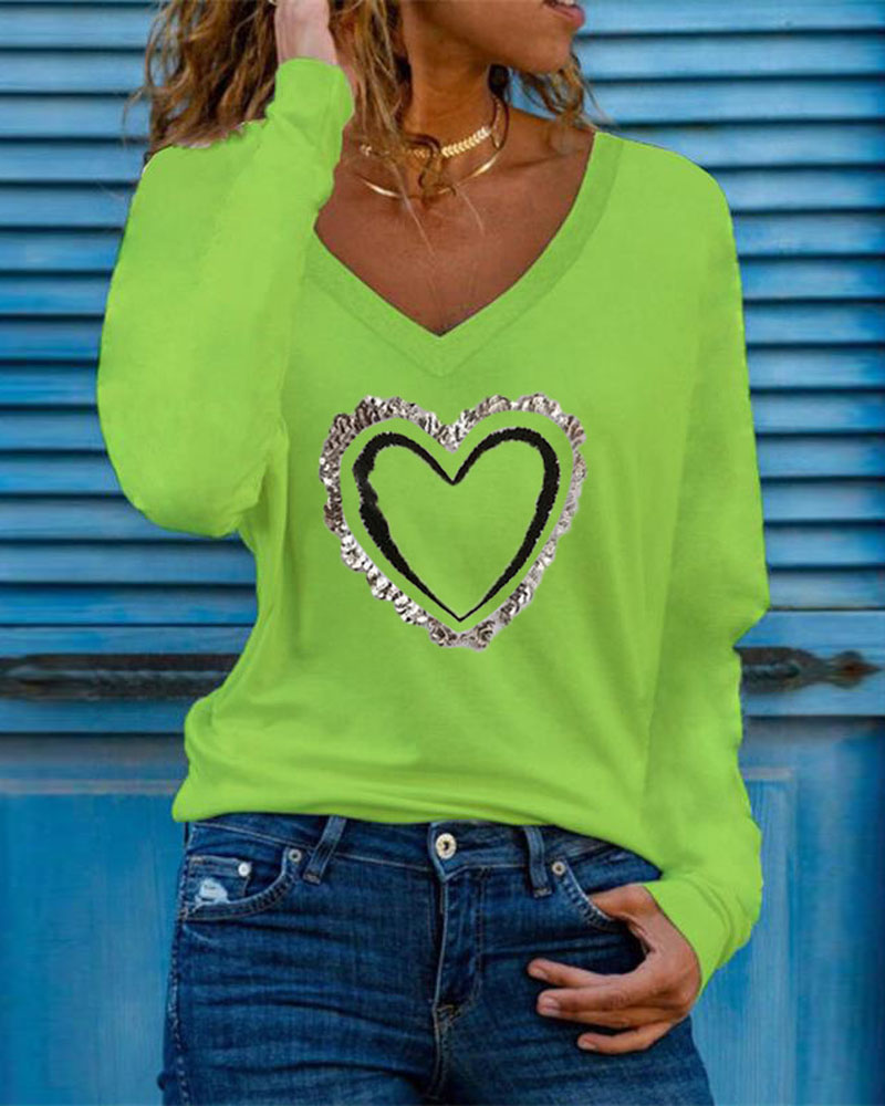 

Heart Print V-Neck Long Sleeve Top, Green