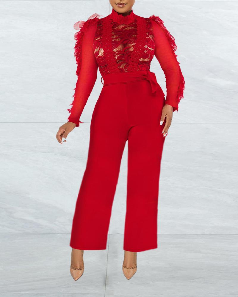 

Contrast Lace Long Sleeve Belted Jumpsuit, Red
