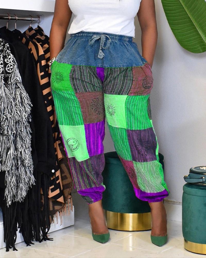 

Graphic Print Colorblock Drawstring Pockets Pants, Green