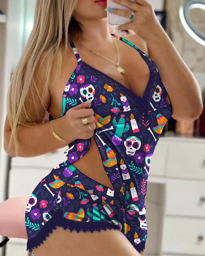 

Halloween All Over Print Contrast Lace Bowknot Decor Cami Set, Multicolor