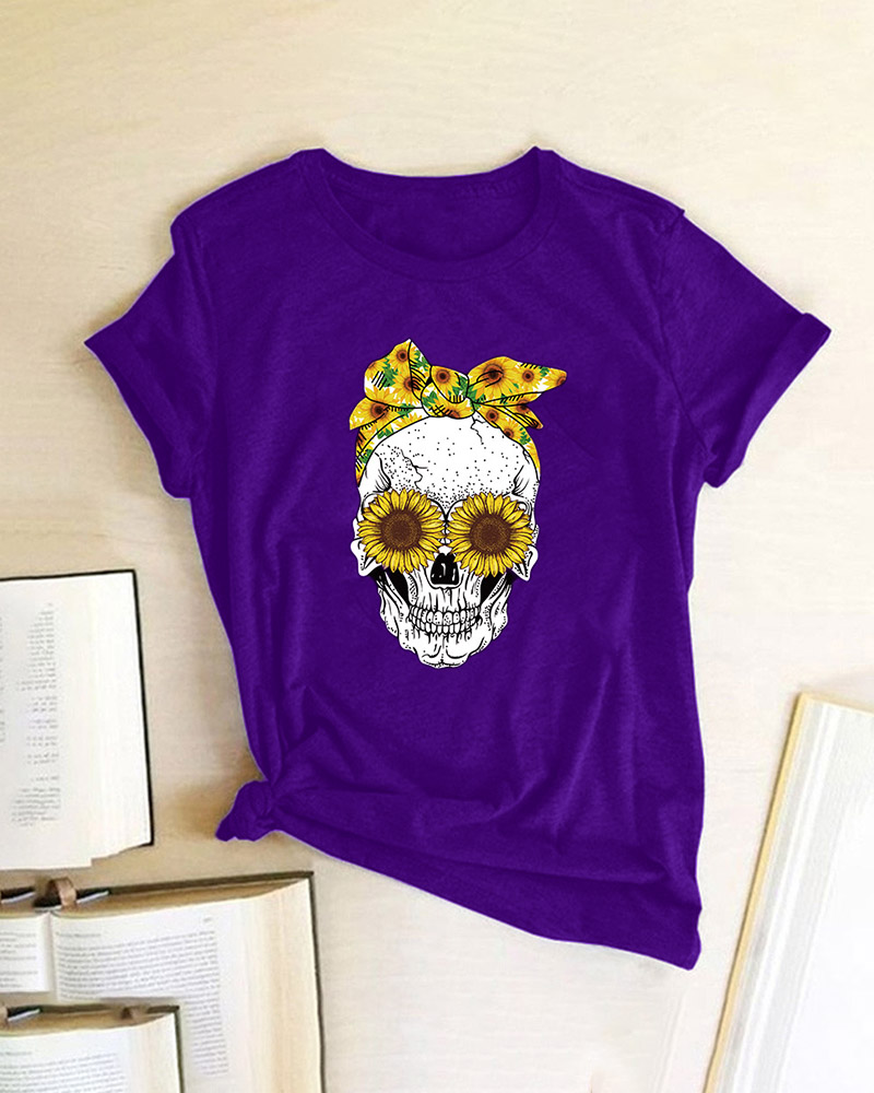 

Skull Print Sunflower Pattern Short Sleeve Casual T-shirt, Purple