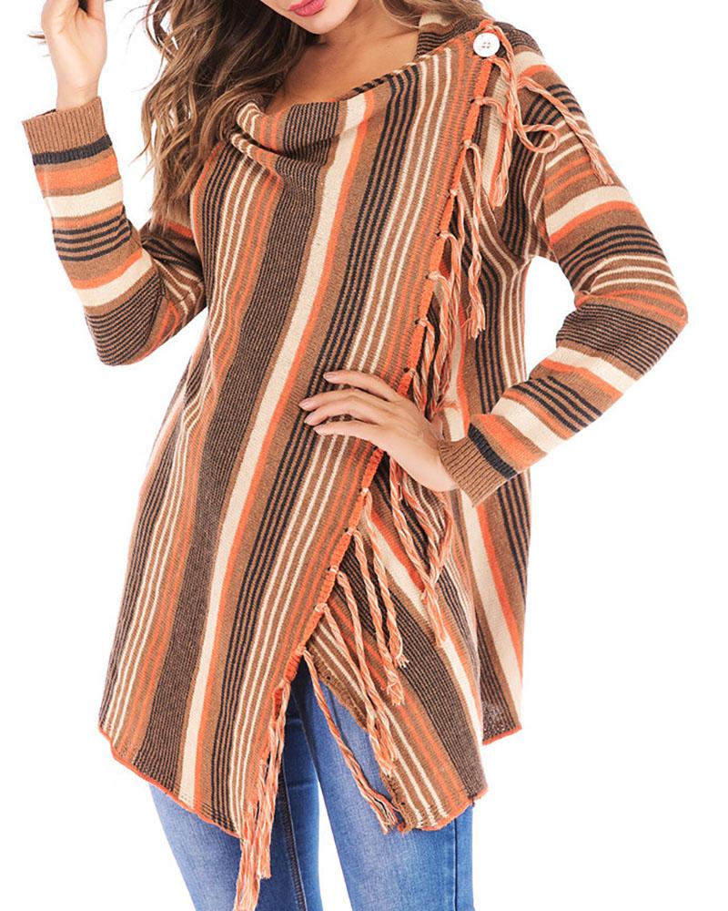 

Tassel Decor Striped Print Long Sleeve Cardigan, Orange