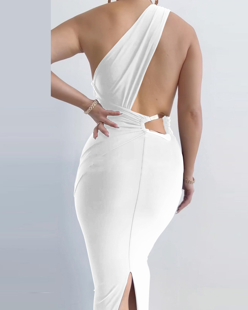 

One Shoulder Backless Slit Party Dress, White