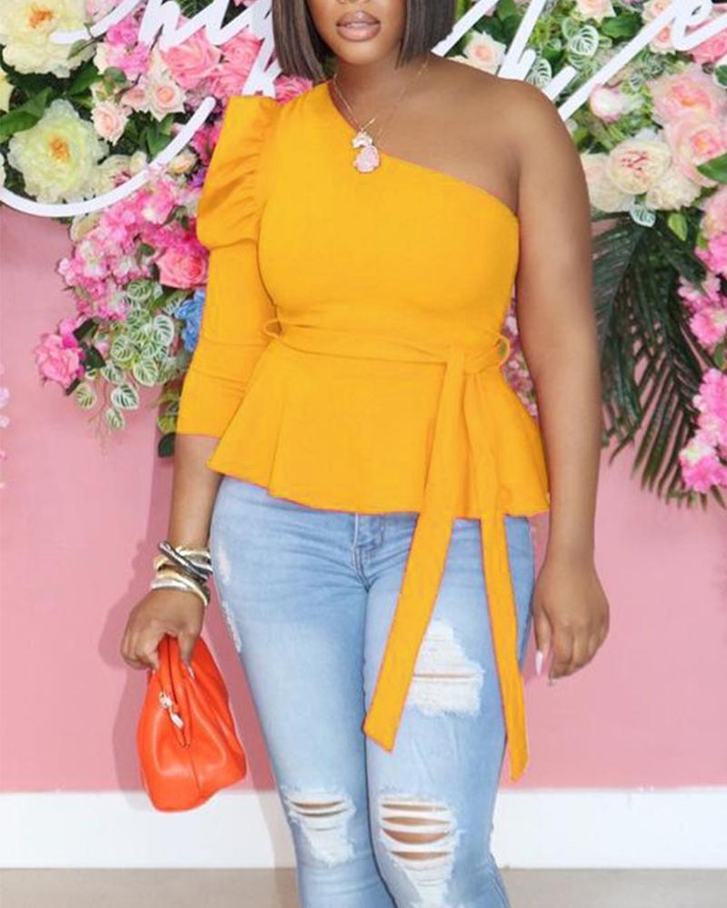 

One Shoulder Puff Sleeve Self Tie Peplum Top, Yellow