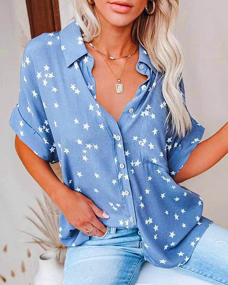 

Buttoned Pocket Design Star Print Short Sleeve Shirt, Blue