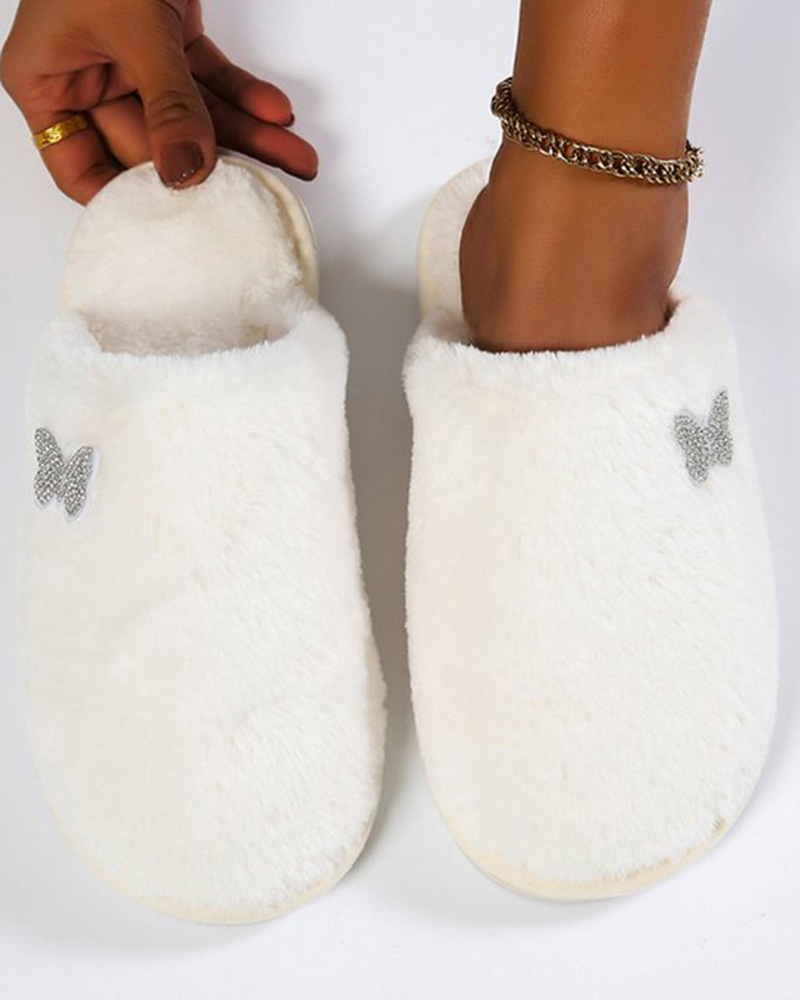 

Round Toe Butterfly Pattern Fuzzy Slippers, Beige