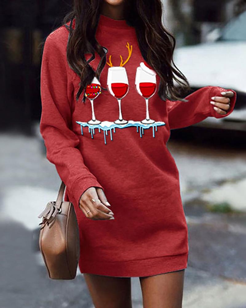 

Christmas Red Wine Glass Print O Neck Sweatshirt Dress