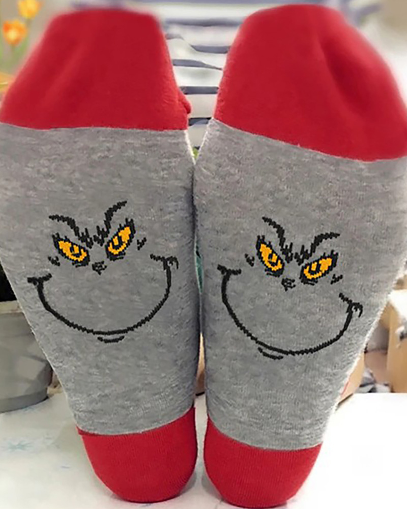 

Christmas Cartoon Print Colorblock Socks, Red