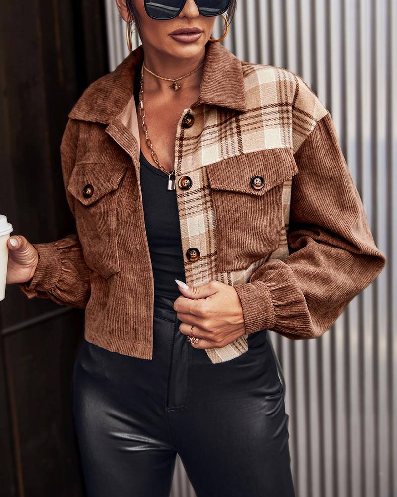 

Plaid Print Pocket Design Corduroy Shacket, Khaki