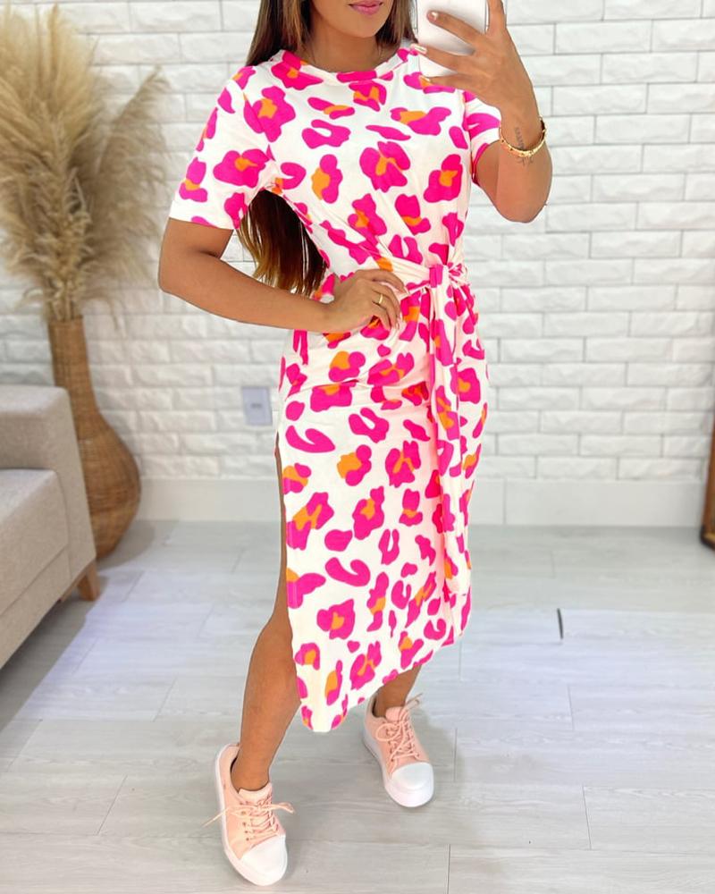 

Vestido casual con abertura con detalle atado con estampado de leopardo rosa, Pink