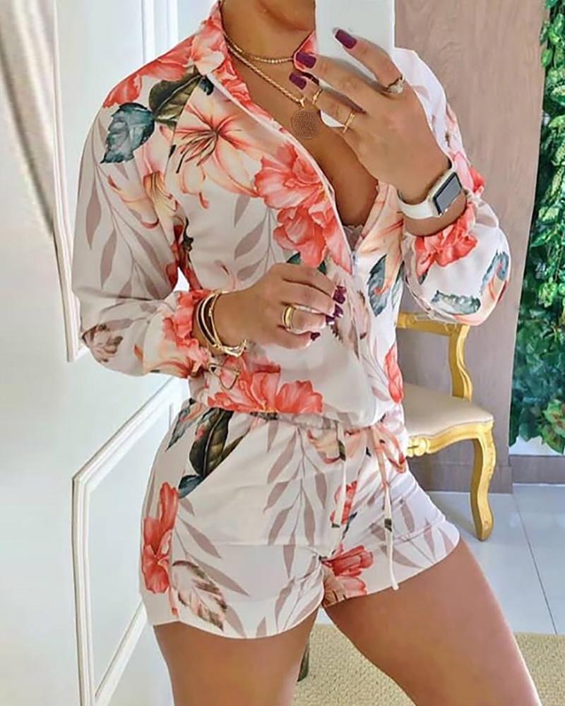 

Floral Print Zipper Design Top & Shorts Set, White