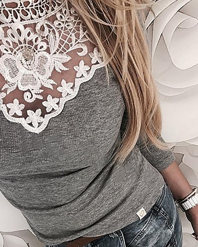 

Appliqued Patchwork Casual T-Shirt, Gray