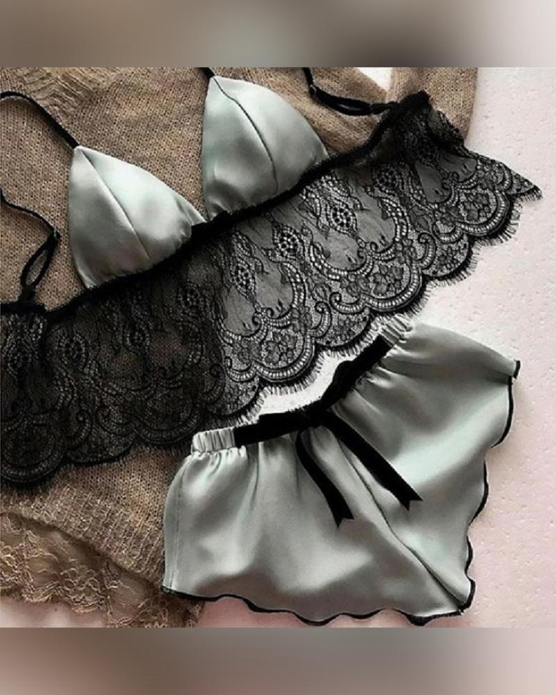 

Lace Patchwork Strap Bra With Panties Sexy Sets, Gray