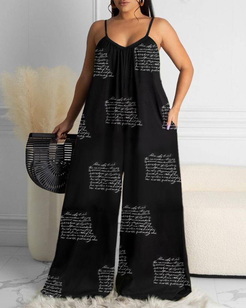 

Letter Print Wide Leg Sleeveless Jumpsuit, Black