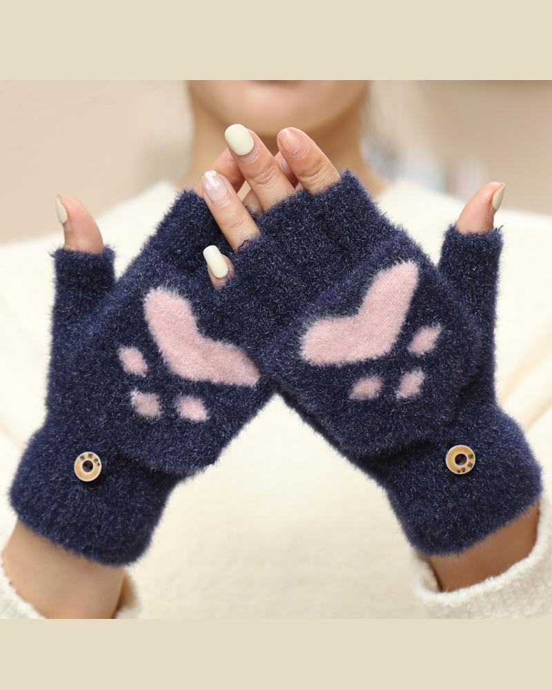 

1Pair Fuzzy Claw Pattern Mitten Flap Warm Half Fingerless Thermal Gloves, Blue