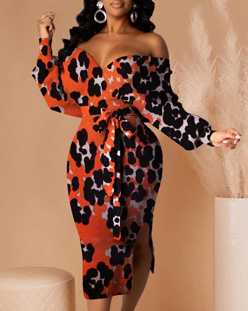 

Ribbed Off Shoulder Leopard Print Slit Dress, Orange