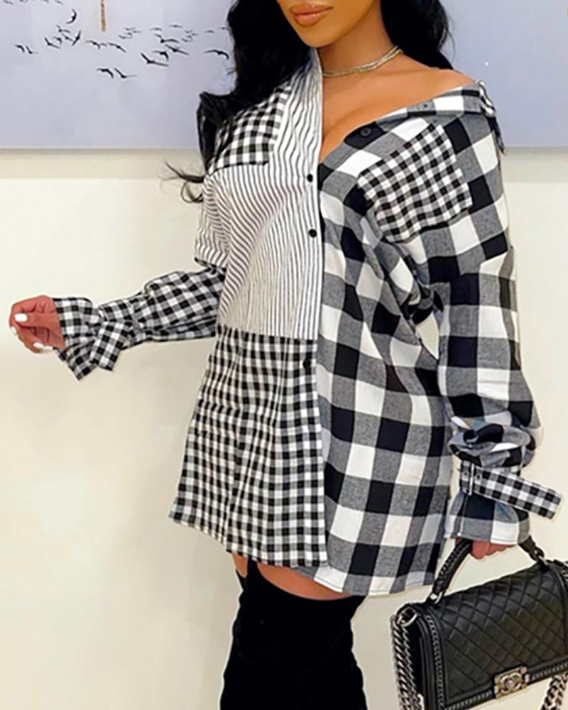 

Plaid Print Colorblock Pocket Design Shirt Dress, White