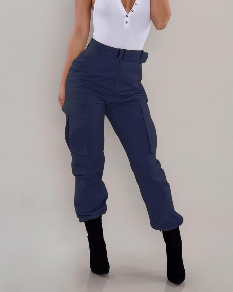 

Zipper Fly Flap Pocket Cargo Pants, Blue