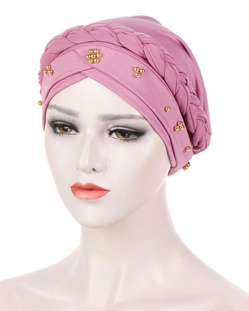 

Studded Headwrap Braided Turban Cap Beaded Beanie Hat, Pink