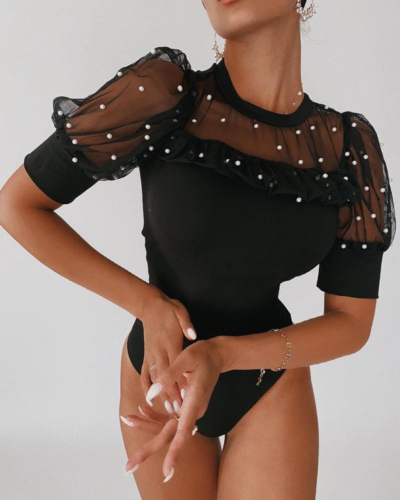 

Contrast Mesh Beaded Puff Sleeve Ruffles Bodysuit, Black