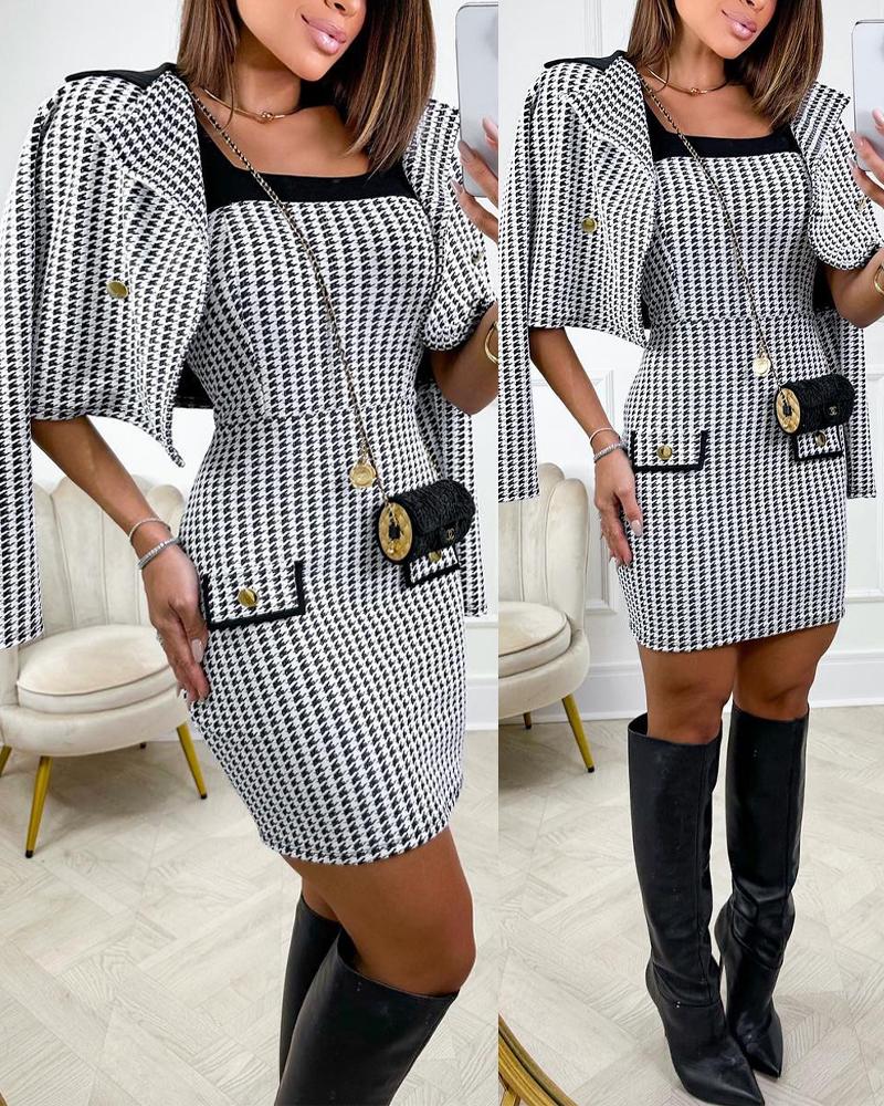 

Houndstooth Print Colorblock Bodycon Dress & Blazer Coat Set, Black