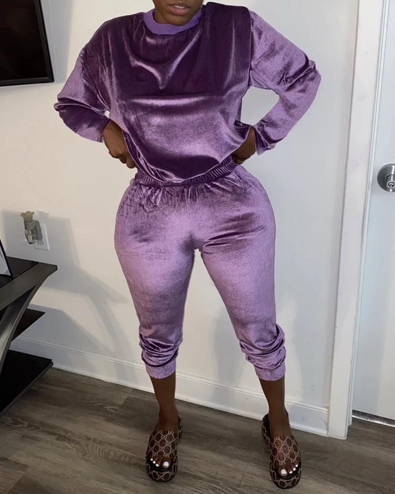 

Velvet Long Sleeve Top & Pants Set, Purple
